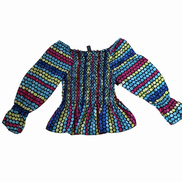 Ashley Stewart Sz 14/16 Multicolor Polka Dot Off-Shoulder Blouse Bell Sleeves - Picture 2 of 4